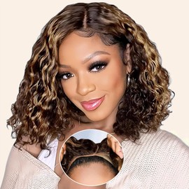 seelaak Highlight Wear and Go Glueless Bob Wigs Human Hair Pre Plucked Natural Wave 4x4 Lace Closure Wig Straight P4/27 Ombre Water Wave Human Hair Highlight Short Bob Wigs for Black Women (14 Inch)
