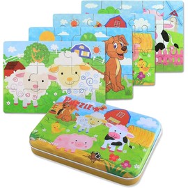 JMANNI Puzzles for 3 4 5 6 Year Olds, 4-in-1 Animal Theme Jigsaw Puzzles with Iron Box for Storage, Animal Toys Gifts for Boys, Girls, Kids and Children (Dog,Sheep,Pig,Cow Puzzles)
