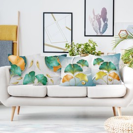 Uiiooazy Ginkgo Cushion Cover, Turquoise Green Gold Leaves Pattern Square Cushion Cover Velvet Decorative Cushion Cover for Sofa Couch Bedroom Living Room Car Cafe Home, Set of 4, 40 W x 40 cm