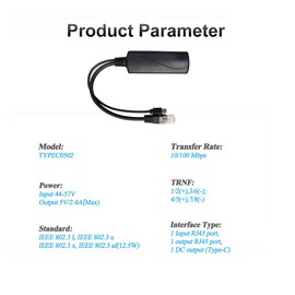 Tipo C PoE Divisor 5V 2.4A Salida, IEEE 802.3af Estándar 10/100M de alimentación a través de Ethernet USB tipo C Adaptador divisor para cámara IP de seguridad CCTV Dispositivo (TYPEC0502 Negro)