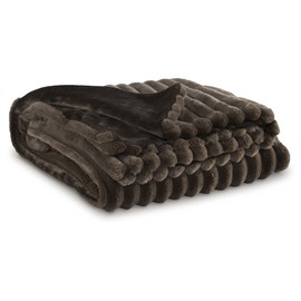 Signature Design by Ashley Alsonwell Contemporary Machine Washable Jacquard Faux Fur Throw with Stripe Design, Dark Brown