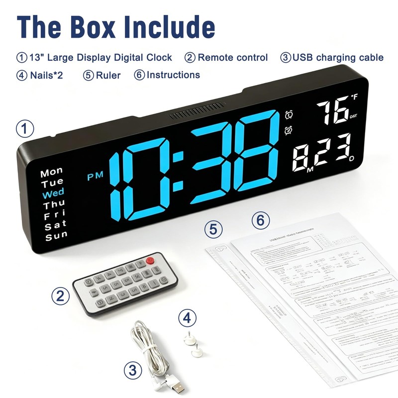 CherishMood 13" Large LED Digital Wall Clock, Remote Control, 10-Level
