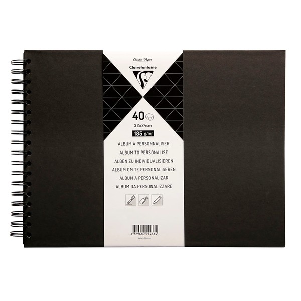 Clairefontaine - Ref 95436C - Wirebound Album to Personalise (40 Sheets) - 320 x 240mm in Size, 185gsm Black Paper, Landscape Format, Rigid Black Cover