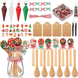 Wonderjune 158 Pcs DIY Christmas Wooden Spoons Bulk 5.12" Mini Wooden Spoons Decorative Small Spoons Faux Whipped Cream Spoon with Tags Resin Bow for Xmas Crafts Jar Gifts Party Tired Tray Decoration