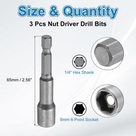 sourcing map 3pcs Hex Nut Driver Drill Bit 8mm Metric 6-Point Socket 1/4" Hex Shank Magnetic Setter CR-V Steel Bolt Sockets for Power Drills Impact Drivers, 2.56" (65mm) Long
