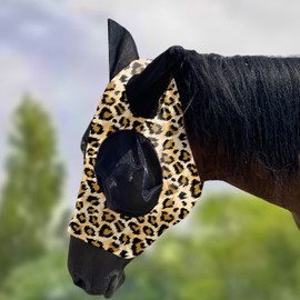 Upgrade Uv Horse Fly Mask with Ears - Equine Sunscreen Lycra Quiet Ride Elasticity Fly Mask with Ear Protection (Leopard Print)