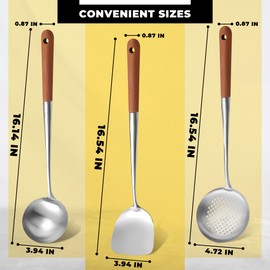 3Pcs Wok Spatula and Ladle Wok Utensils - Stainless Steel Cooking Utensils Set of Wok Ladle and Spatula Set of Wok Spatula Stainless Steel Wok Spoon - Wok Utensils for Carbon Steel Spatula Ladle Spoon