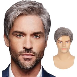 Tseses Grey Straight Mens Short Wig Synthetic Hair Layered Natural Daily Cosplay Party Replacement Synthetic Hair Wigs for Male Guy Full Wig