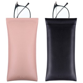 Hishelf Glasses Case, 2 Pack Soft PU Leather Eyeglass Pouch, with Squeeze Top & Microfiber Lining, for Sunglass, Eyeglasses, Reading Glasses, Women and Men, Black, Rose Gold