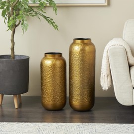 Deco 79 Metal Decorative Vase Textured Hammered Centerpiece Vase, Flower Vase for Home Decoration 9" x 9" x 24", Gold