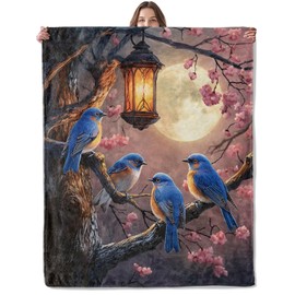 Lugiu Charming Bird Blanket, Lightweight Comfy Blue Birds Under Full Moon Blankets for Couch Sofa Bedroom, Soft Plush Travel Flannel Throw Blanket Gifts for Adults Kids Women Girls, Home Decor 60×50in