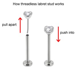 NORO OLO 2PCS-1.0mm(18g) Stainless Steel Press-Fit Threadless Push-In Labret Studs,Lip Monroe Tragus Nose Piercing with Smallest Flat Back,Φ2.5mm Round Clear Cubic Zirconia Top