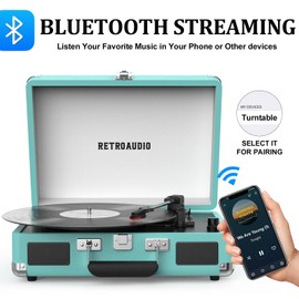 Vinyl Record Player 3 Speed Bluetooth Portable Suitcase Belt-Driven Record Player with 2 Built-in Stereo Speakers Vinyl Vintage Turntable Records Player with RCA Line Out, AUX Out (Cyan)