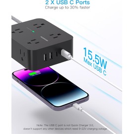 Power Bar Surge Protector 10 Ft Cord, Extension Cord Flat Plug with 8 Outlets 4 USB Ports(2 USB C), Wall Mount, Desk Charging Sation for Home Offcie