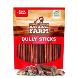 Natural Farm Odor-Free Bully Sticks (6 Inch, 25 count),1.3 lb. Bag, Fully Digestible 100% Beef Pizzle Chews,Grass-Fed, Non-GMO,Grain-Free, Natural Long-Lasting Chews for Small & Large Dogs. Pack of 25