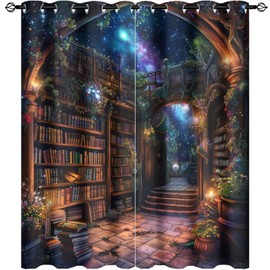 HDESDIS Abstract Bookshelf Blackout Curtains for Bedroom Living Room, Plants Library Star Fantasy Thermal Insulated Curtains Window Drapes with Grommet, 21W x 45L, 2 Panels