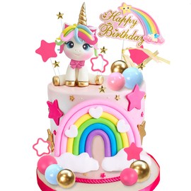 29 PCS Unicorn Cake Topper, Unicorn Rainbow Cake Decorations with Rainbow Stars Unicorn Balls Happy Birthday Cake Decorations for Boys Girls Kids Birthday Party Baby Shower Supplies (Star)