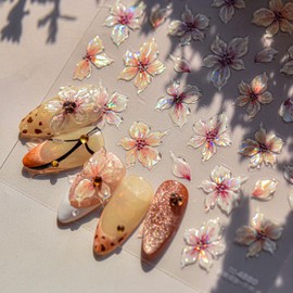 1 Sheet Pink Flower Nail Decals 5D Holographic Floral Nail Art Stickers Embossed Self-Adhesive Nail Stickers for Women DIY Spring Floral Manicure Decoration Acrylic Nails Art Supplies