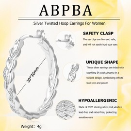 ABPBA 925 Sterling Silver Hoop Earrings for Women Hypoallergenic Twisted Hoop Earrings with Cubic Zirconia Lightweight Large Silver Hoops Big Thin Hoops Earrings for Women 30MM