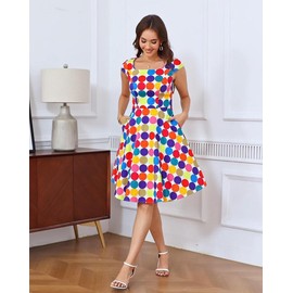 PUKAVT Women's Cocktail Party Dress Cap Sleeve 1950 Retro Swing Dress with Pockets Colorful Dot L