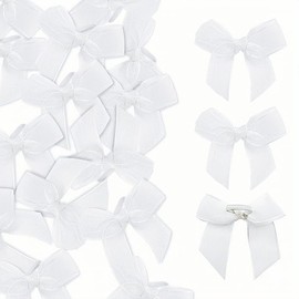 50Pcs Pre-Tied Sheer Bows with 1 Inch Stretch Elastic Loops, for Gift Wrapping, Baby Showers, Weddings, Christmas, Holiday Party Decorations (White, 1 inch Elastic Loop)