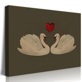LSXARTQQ Vintage Swan Oil Painting Wall Art Moody French Country Zwaan Canvas Wall Decor Retro Animal Couple Heart Shape Picture Print Classical Aesthetic Gifts for Friends or Family(12x16inch)