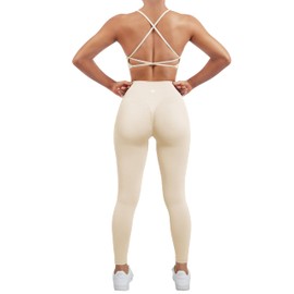 SUUKSESS Women Seamless 2 piece Workout Sets Strappy Padded Sports Bra Booty High Waisted Leggings Outfits (Beige,S)