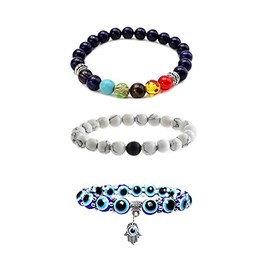 3Pcs Evil Eye Bracelet Set Chakra Beaded Bracelets Evil Eye Hamsa Blue Beaded Charm Stretch Bracelet 7 Chakra Gemstone Lava Stone Hamsa Mal De Ojo Bracelets Yoga Menditation Beads Bracelets-Dark Blue