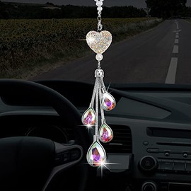 Frienda Bling Heart Diamond Car Accessories, Crystal Car Rear View Mirror Charms Car Decoration Decor, Lucky Hanging Interior Ornament Pendant (AB Color,7.5 Inch)