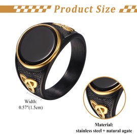 Flonge Men's Black Onyx Ring: Viking Round Agate Signet Ring Norse Celtic Knot Ring Fashion Jewelry Gift for Men Size 9