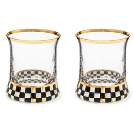 MACKENZIE-CHILDS Tumbler Glasses, Elegant Drinkware, Glasses with Gold Rim, 8 Ounces, Set of 2, Black-and-White Courtly Check