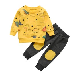 Infant Baby Boys Clothes Set Toddler Long Sleeve Dinosaur Print Pullover Sweatshirt Pant Outfit Set Two-Piece Suit Yellow 12-18 Months