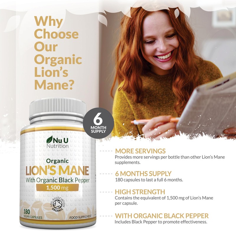 Organic Lions Mane Supplement 1500mg - 180 Vegan Capsules -