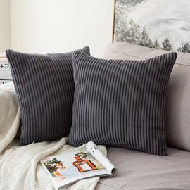 AMFUN Set of 2 Corduroy Cushion Covers 40cm x 40cm,Soft Striped Square Pillow Case,Cushion Case with Invisible Zipper,Home Boho Decor Pillow Cases for Couch Sofa Bedroom,Living Room-Dark Grey