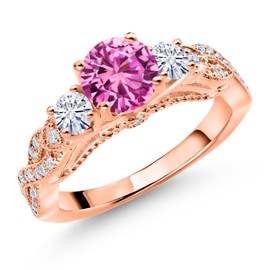Gem Stone King 18K Rose Gold Plated Silver Pink Created Sapphire and White Moissanite Engagement Ring For Women (1.47 Cttw, Gemstone September Birthstone, Round 6MM and 3MM) (Size 7)