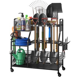 keomaisyto Garden Tool Organizer with Heavy Duty Wheels for Garage - with 2 Baskets, Large Yard Tool Organizer and Storage Holder, Utility Garden Tool Rack for/Shed/Garage/Yard/Basement/Lawn