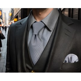 SHLAX&WING Solid Gray Men's Long Necktie Extra Large Pocket Square Silk Business Set 63.0 inches (160 cm), 3.5" x 63" Necktie + Pocket Square