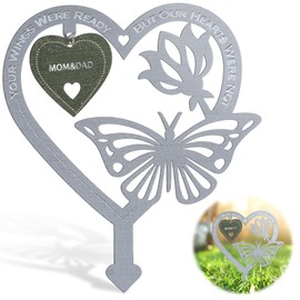 SIWOKJJO Memorial Plaque - Weatherproof Butterfly Heart Shaped Garden Ornament, Stakes, Yard Sign for Mom & Dad