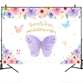 Mocsicka Butterfly Kisses Birthday Wishes Backdrop Purple Flowers Butterfly Birthday Party Decorations Butterflies Girl Birthday Party Banner Photography Background (5x3ft)