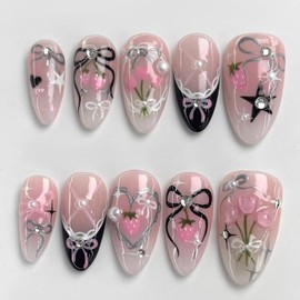 Bow Press on Nails Almond Medium Fake Nails with Love Heart Diamond Fruit Bow Designs Handmade Fingernails Gel Acrylic Nail 3D Nails Press on French Tip Glue on Nails Stick on Nails for Women 30Pcs