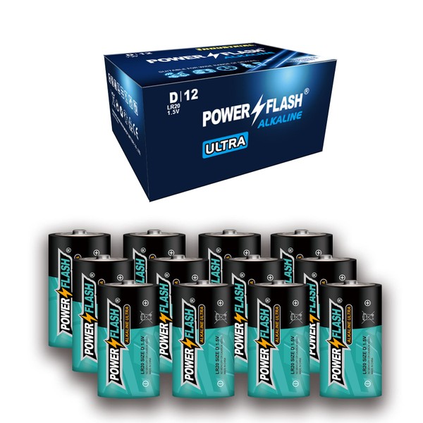 POWER FLASH D Ultra Alkaline Batteries with Fresh Date - 12 Count Industrial Pack - Ultra Long Lasting All Purpose D Battery