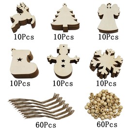 PUERHUACI Wooden Christmas Pendants, Small Decorative Pendants, Pack of 60, DIY Christmas Decoration, Wooden Christmas Tree Decorations, Craft Decorations for Christmas