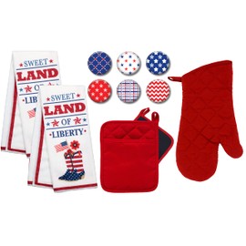 Patriotic Farmhouse Kitchen Towel Set with Pot Holders Oven Mitt and Set of 6 Refrigerator Magnets (Sweet Land of Liberty Boots)
