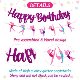 Gymnastics Birthday Banner Gymnast Theme Decoration Glitter Purple Happy Birthday Garland for Girl Gymnastics Bday Party Supplies
