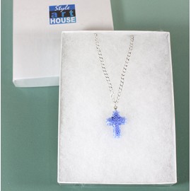 Style-ARThouse God Loves the Cornflowers Murano Glass Millefiori Blue Cross Necklace, 18 Inch Adjustable