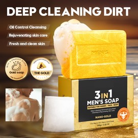 BEUKING 3 in 1 Bar Soap for Men, Bar Cleanser for Body, Face, and Shaving Extra, Gentle Body and Facial Cleanser Effectively Washes, Moisturizing Bar Soap to Clean and Hydrate Skin (3.53 oz, Gold)