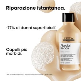 L'Oreal Professionnel Absolut Repair Shampoo | Repara el daño y proporciona brillo | Con quinoa y proteínas | Tratamiento con tecnología de proteínas | Para cabello seco y dañado | 300ml