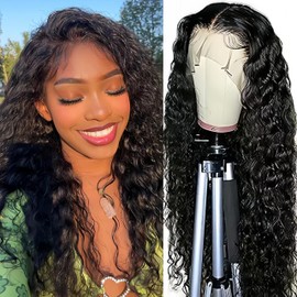 Natural Brazilian Wig 13x4 Lace Front Human Hair Water Wave Brazilian Wig 150% Density Natural Black 14 Inch