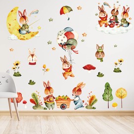 Condessacity Wall Sticker for Children, Rabbits, Cute, Animals, Moon Balloons, Wall Stickers, Stylish, Scandinavian, Removable Wallpaper, Children's Room, Wall, Kindergarten, Nursery, Toy Room Wall