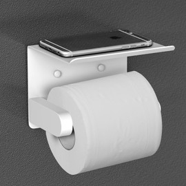VAEHOLD Self Adhesive Toilet Paper Holder with Phone Shelf Stainless Steel Wall Mounted Toilet Paper Roll Holder - Bathroom Washroom Tissue Roll Holder with Storage Shelf - White